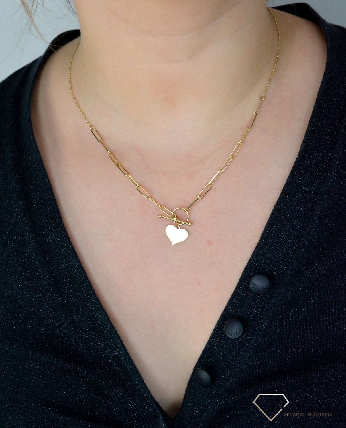 Złoty naszyjnik dwa łańcuszki modne zapięcie z wiszącym sercem NA 2997.jpg